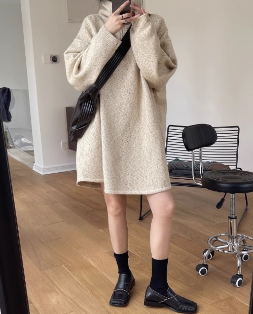 ワンピース 長袖 ニット ミックス ショート ハーフジップ ビッグカラー オーバーシルエット シンプル カジュアル ジップアップ TKOR0060 ワンピース 長袖 ニット ミックス ショート ハーフジップ ビッグカラー オーバーシルエット シンプル カジュアル ジップアップ TKOR0060