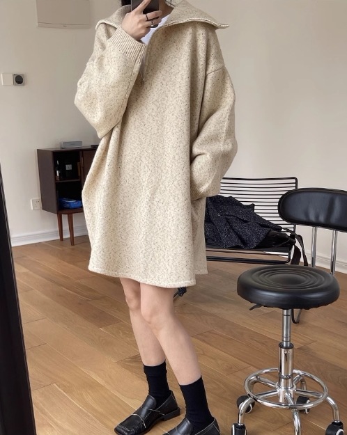 ワンピース 長袖 ニット ミックス ショート ハーフジップ ビッグカラー オーバーシルエット シンプル カジュアル ジップアップ TKOR0060 ワンピース 長袖 ニット ミックス ショート ハーフジップ ビッグカラー オーバーシルエット シンプル カジュアル ジップアップ TKOR0060