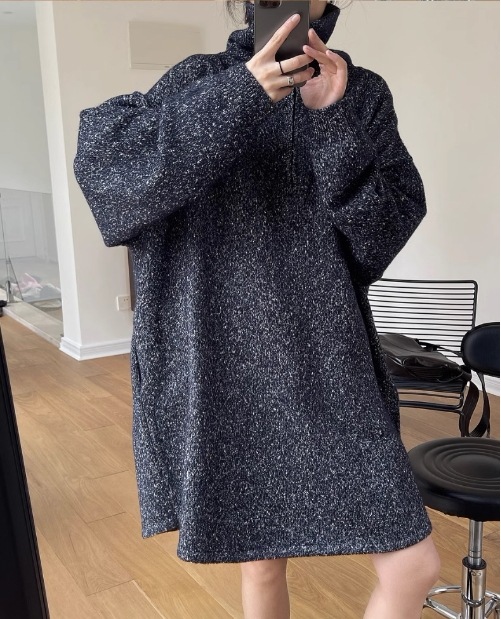 ワンピース 長袖 ニット ミックス ショート ハーフジップ ビッグカラー オーバーシルエット シンプル カジュアル ジップアップ TKOR0060 ワンピース 長袖 ニット ミックス ショート ハーフジップ ビッグカラー オーバーシルエット シンプル カジュアル ジップアップ TKOR0060