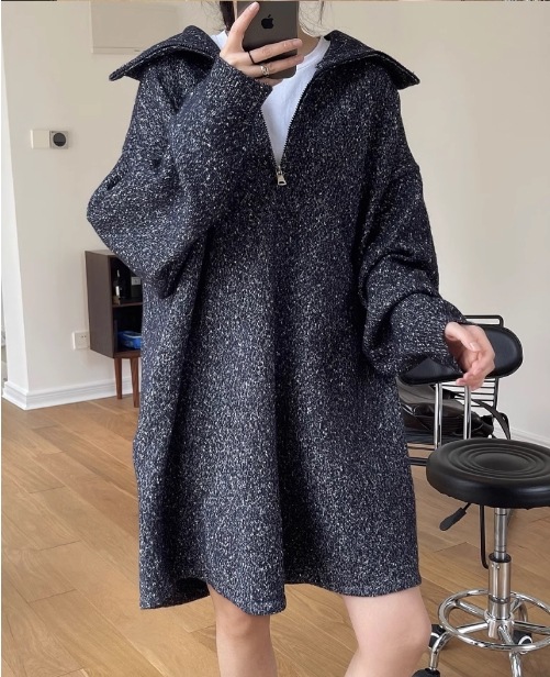 ワンピース 長袖 ニット ミックス ショート ハーフジップ ビッグカラー オーバーシルエット シンプル カジュアル ジップアップ TKOR0060 ワンピース 長袖 ニット ミックス ショート ハーフジップ ビッグカラー オーバーシルエット シンプル カジュアル ジップアップ TKOR0060