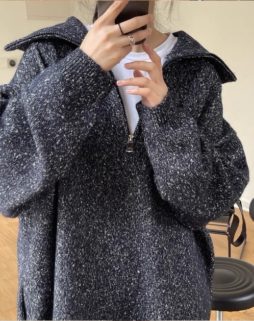 ワンピース 長袖 ニット ミックス ショート ハーフジップ ビッグカラー オーバーシルエット シンプル カジュアル ジップアップ TKOR0060 ワンピース 長袖 ニット ミックス ショート ハーフジップ ビッグカラー オーバーシルエット シンプル カジュアル ジップアップ TKOR0060