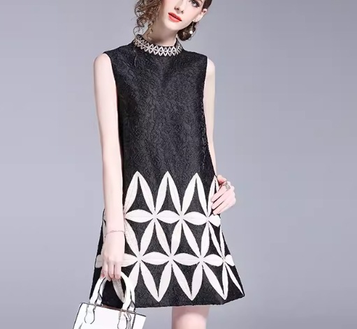 レディース ドレス ミニ ショート 膝上 袖なし ノースリーブ ラウンドネック 刺繍 ハイウエスト かわいい 大人可愛い きれいめ 上品 おしゃれ レトロ ガーリー 個性的 クール エレガント 存在感