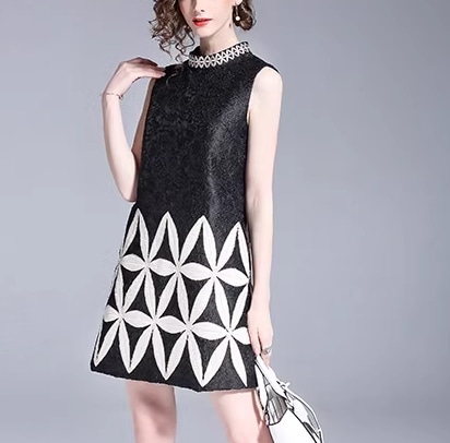 レディース ドレス ミニ ショート 膝上 袖なし ノースリーブ ラウンドネック 刺繍 ハイウエスト かわいい 大人可愛い きれいめ 上品 おしゃれ レトロ ガーリー 個性的 クール エレガント 存在感