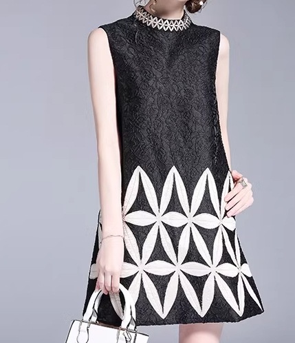 レディース ドレス ミニ ショート 膝上 袖なし ノースリーブ ラウンドネック 刺繍 ハイウエスト かわいい 大人可愛い きれいめ 上品 おしゃれ レトロ ガーリー 個性的 クール エレガント 存在感