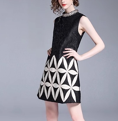 レディース ドレス ミニ ショート 膝上 袖なし ノースリーブ ラウンドネック 刺繍 ハイウエスト かわいい 大人可愛い きれいめ 上品 おしゃれ レトロ ガーリー 個性的 クール エレガント 存在感