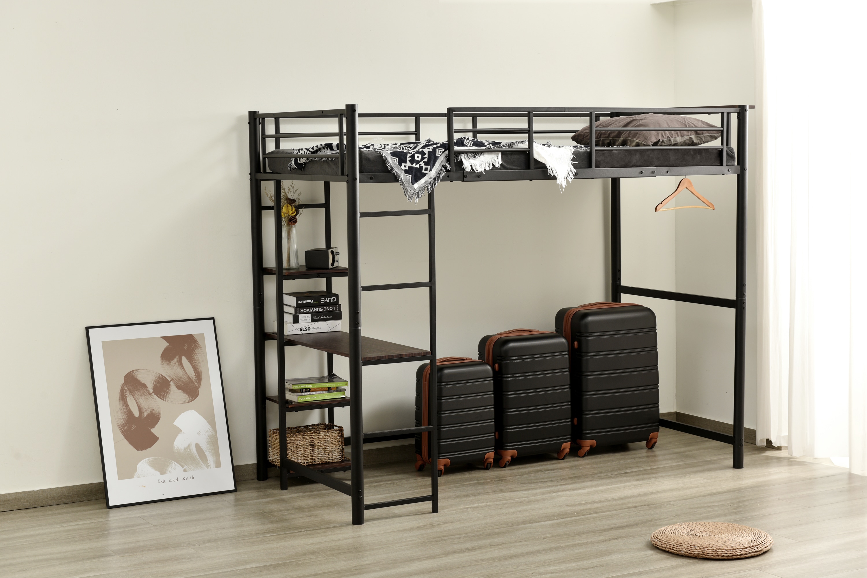 ロフトベッド パイプベッド シングル 木 デスク付き コンセント付き 耐