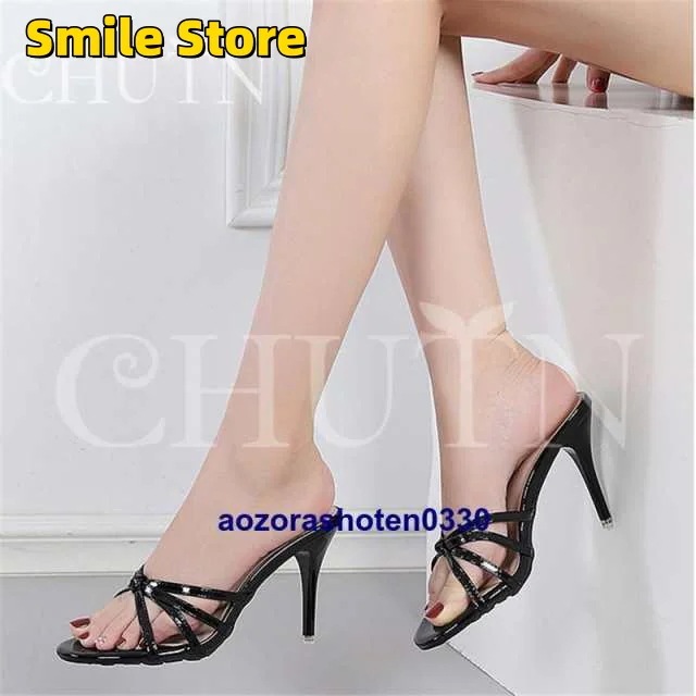 ハイヒールミュールパンプス春 美脚 ミュールエナメル 2226.5cm ビーチサンダル 夏ミュールサンダルクリアミュール 30代40代通勤 オープントゥ ピンヒール