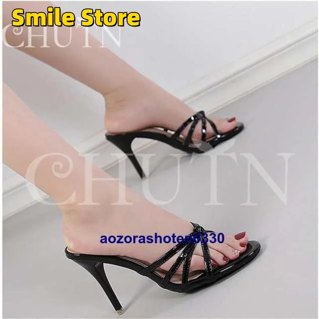 ハイヒールミュールパンプス春 美脚 ミュールエナメル 2226.5cm ビーチサンダル 夏ミュールサンダルクリアミュール 30代40代通勤 オープントゥ ピンヒール