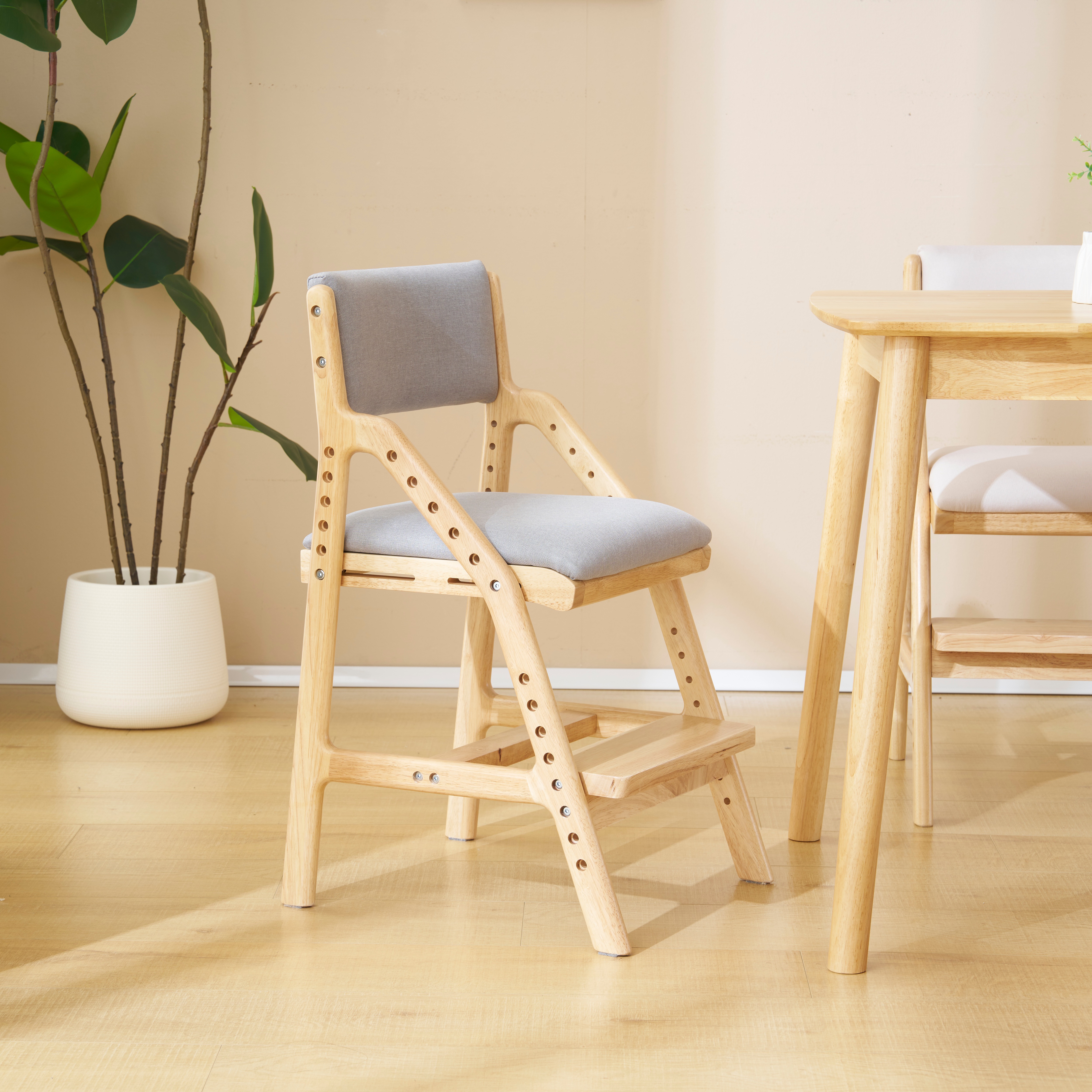 【2個】 グレー 学習チェア 学習椅子 木製 姿勢 子供 キッズチェア ハイチェア ダイニングチェア 椅子 高さ調整 シンプル コンパクト 組立て 板座 足置きGG2734 Grey Solid WG