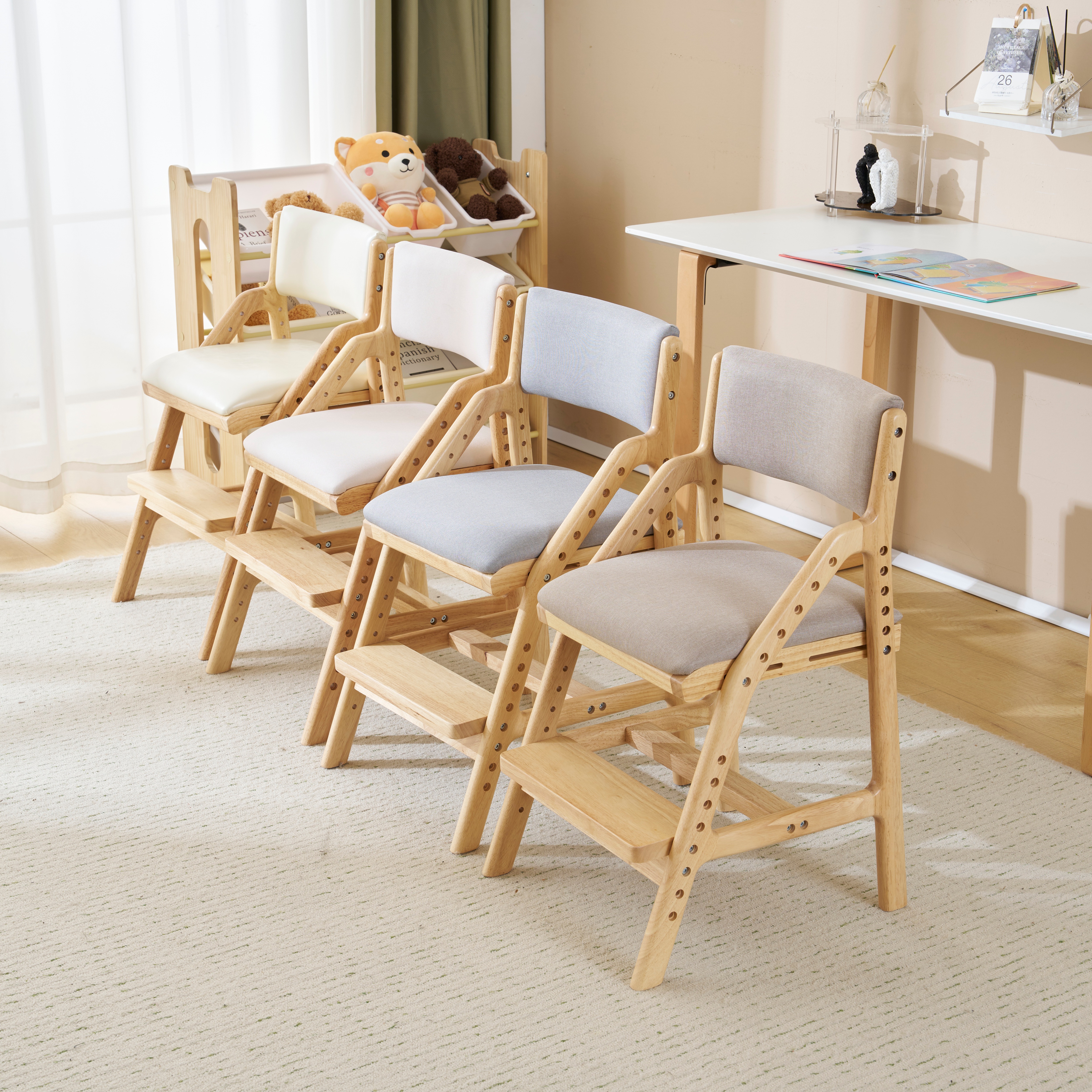 【2個】 グレー 学習チェア 学習椅子 木製 姿勢 子供 キッズチェア ハイチェア ダイニングチェア 椅子 高さ調整 シンプル コンパクト 組立て 板座 足置きGG2734 Grey Solid WG