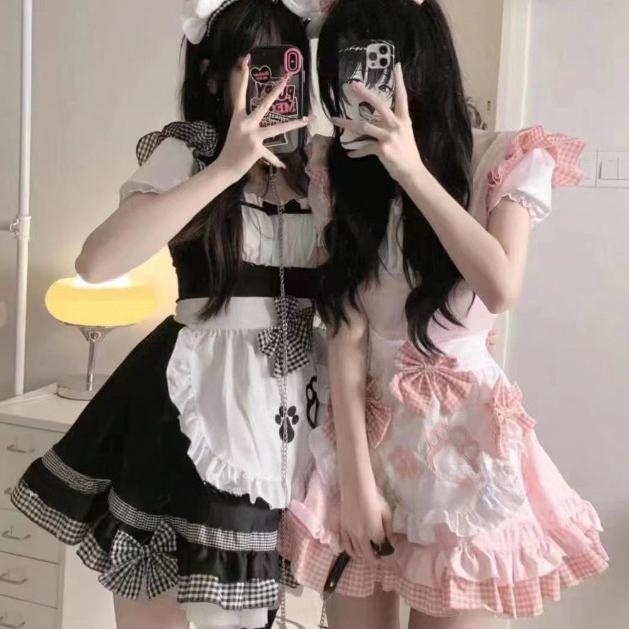 ワンピース レディース 2色 8点セット チョーカー ニーハイソックス ミニ メイド服 エプロン ギンガムチェック リボン フリル 猫 キャット リボン 脚長 細見え スリム シースルー パーティード ワンピース レディース 2色 8点セット チョーカー ニーハイソックス ミニ メイド服 エプロン ギンガムチェック リボン フリル 猫 キャット リボン 脚長 細見え スリム シースルー パーティード