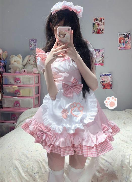 ワンピース レディース 2色 8点セット チョーカー ニーハイソックス ミニ メイド服 エプロン ギンガムチェック リボン フリル 猫 キャット リボン 脚長 細見え スリム シースルー パーティード ワンピース レディース 2色 8点セット チョーカー ニーハイソックス ミニ メイド服 エプロン ギンガムチェック リボン フリル 猫 キャット リボン 脚長 細見え スリム シースルー パーティード