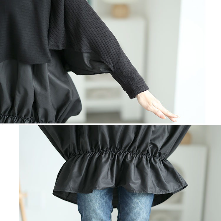 大きいサイズレディース トップス ニット 裾シャーリングドルマントップス クルーネック ドルマン 長袖 ニット 切替え ドッキング 重ね着風 裾シャーリング 裾ゴム ギャザー バルーン 無地 個性的