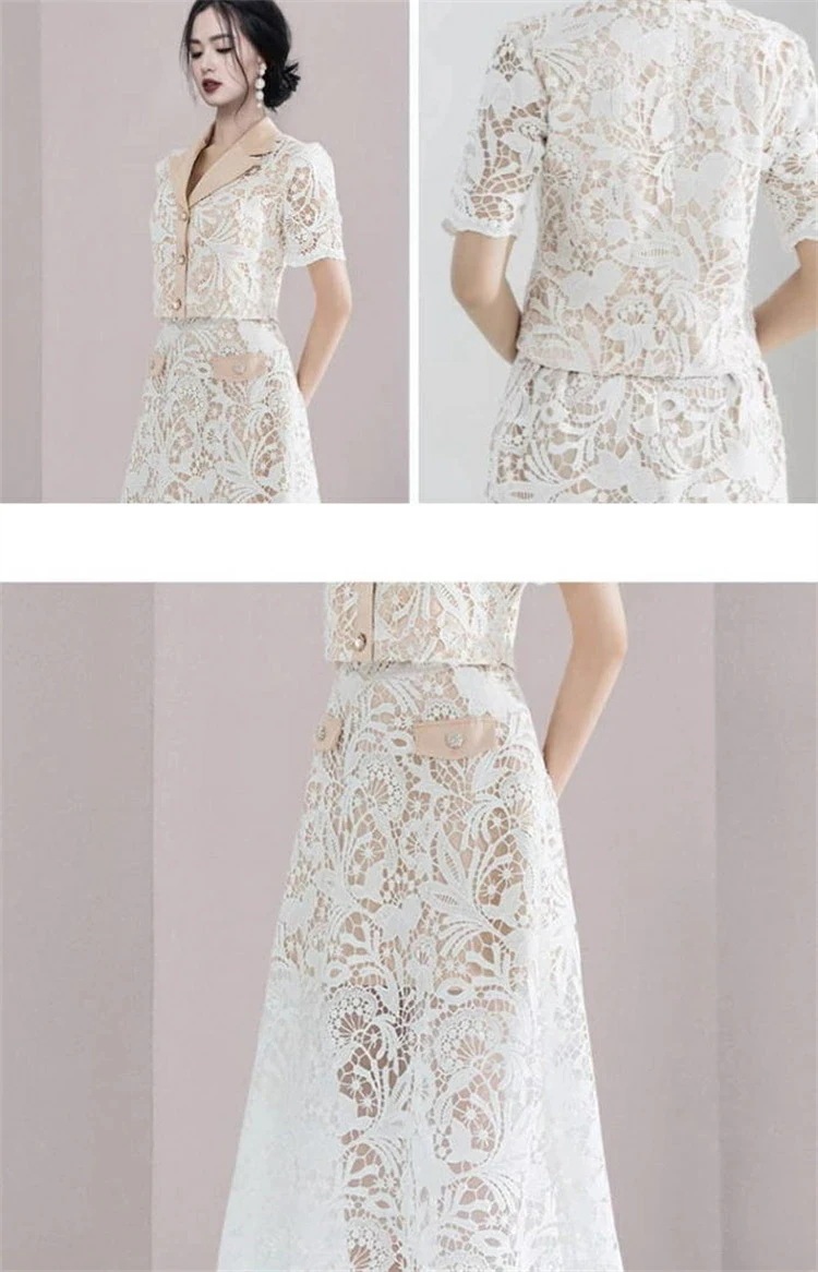 早い者勝ち！ [高品質]トップス フレア ロング スカート スカートセットアップ テーラードカラー 総レース 半袖 スーツ ホワイト 白 ベージュ 生成 レディース セットアップ 大人 お嬢様 きれい