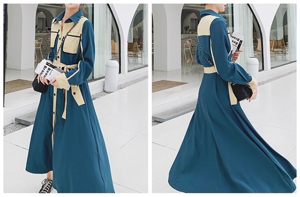 フランスレトロな成熟スタイルのシャツドレス レディース ワンピース ドレス フレア フレアスカート ロングスカート ロング 長袖 Vネック ポロカラー フレア Aライン フォーマル フェミニン ベルト