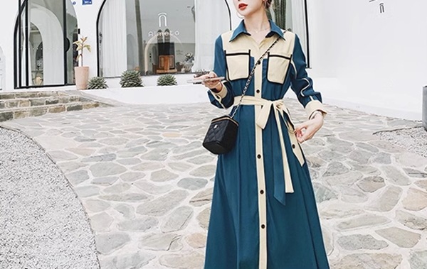 フランスレトロな成熟スタイルのシャツドレス レディース ワンピース ドレス フレア フレアスカート ロングスカート ロング 長袖 Vネック ポロカラー フレア Aライン フォーマル フェミニン ベルト