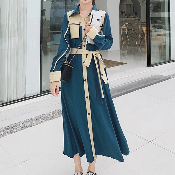 フランスレトロな成熟スタイルのシャツドレス レディース ワンピース ドレス フレア フレアスカート ロングスカート ロング 長袖 Vネック ポロカラー フレア Aライン フォーマル フェミニン ベルト