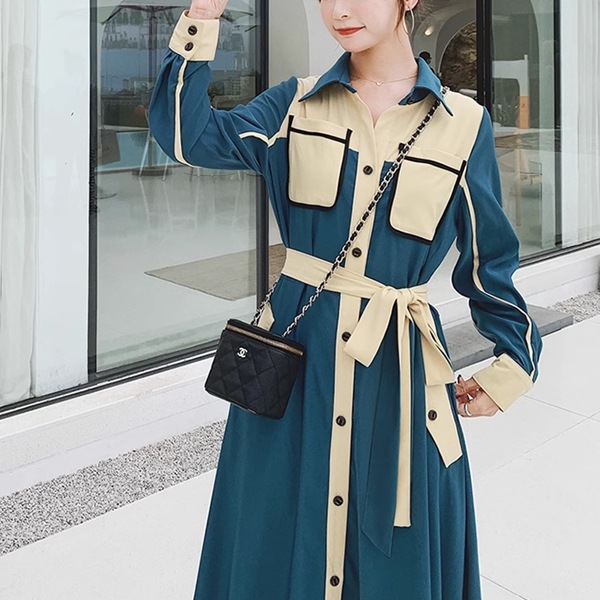 フランスレトロな成熟スタイルのシャツドレス レディース ワンピース ドレス フレア フレアスカート ロングスカート ロング 長袖 Vネック ポロカラー フレア Aライン フォーマル フェミニン ベルト