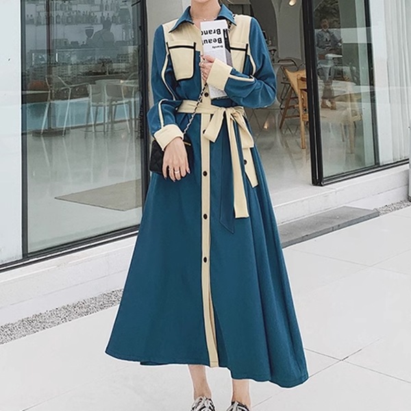 フランスレトロな成熟スタイルのシャツドレス レディース ワンピース ドレス フレア フレアスカート ロングスカート ロング 長袖 Vネック ポロカラー フレア Aライン フォーマル フェミニン ベルト