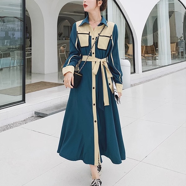 フランスレトロな成熟スタイルのシャツドレス レディース ワンピース ドレス フレア フレアスカート ロングスカート ロング 長袖 Vネック ポロカラー フレア Aライン フォーマル フェミニン ベルト