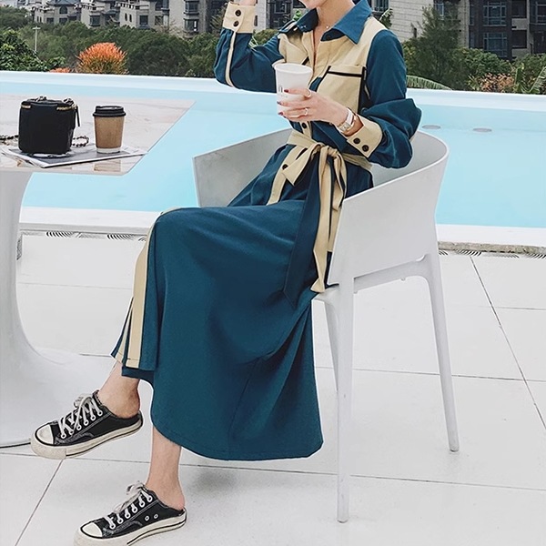 フランスレトロな成熟スタイルのシャツドレス レディース ワンピース ドレス フレア フレアスカート ロングスカート ロング 長袖 Vネック ポロカラー フレア Aライン フォーマル フェミニン ベルト