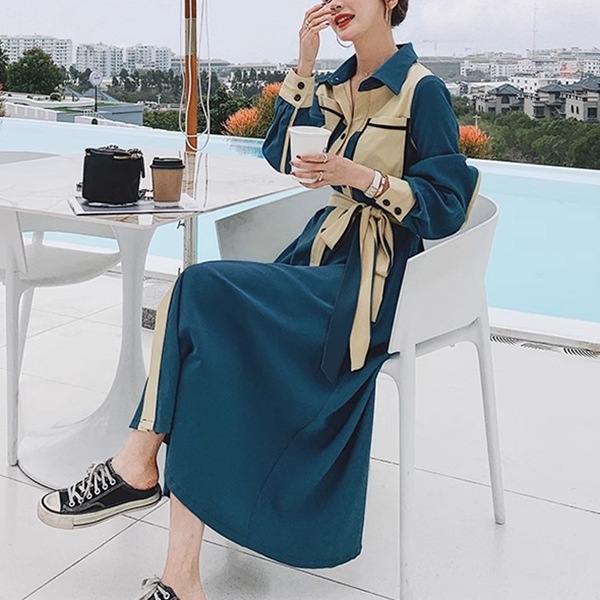 フランスレトロな成熟スタイルのシャツドレス レディース ワンピース ドレス フレア フレアスカート ロングスカート ロング 長袖 Vネック ポロカラー フレア Aライン フォーマル フェミニン ベルト