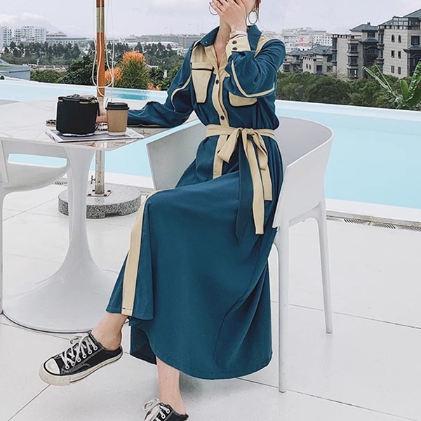 フランスレトロな成熟スタイルのシャツドレス レディース ワンピース ドレス フレア フレアスカート ロングスカート ロング 長袖 Vネック ポロカラー フレア Aライン フォーマル フェミニン ベルト