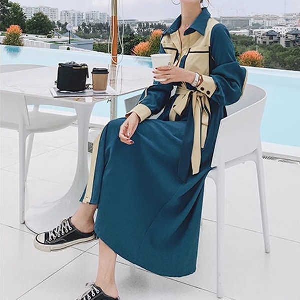 フランスレトロな成熟スタイルのシャツドレス レディース ワンピース ドレス フレア フレアスカート ロングスカート ロング 長袖 Vネック ポロカラー フレア Aライン フォーマル フェミニン ベルト