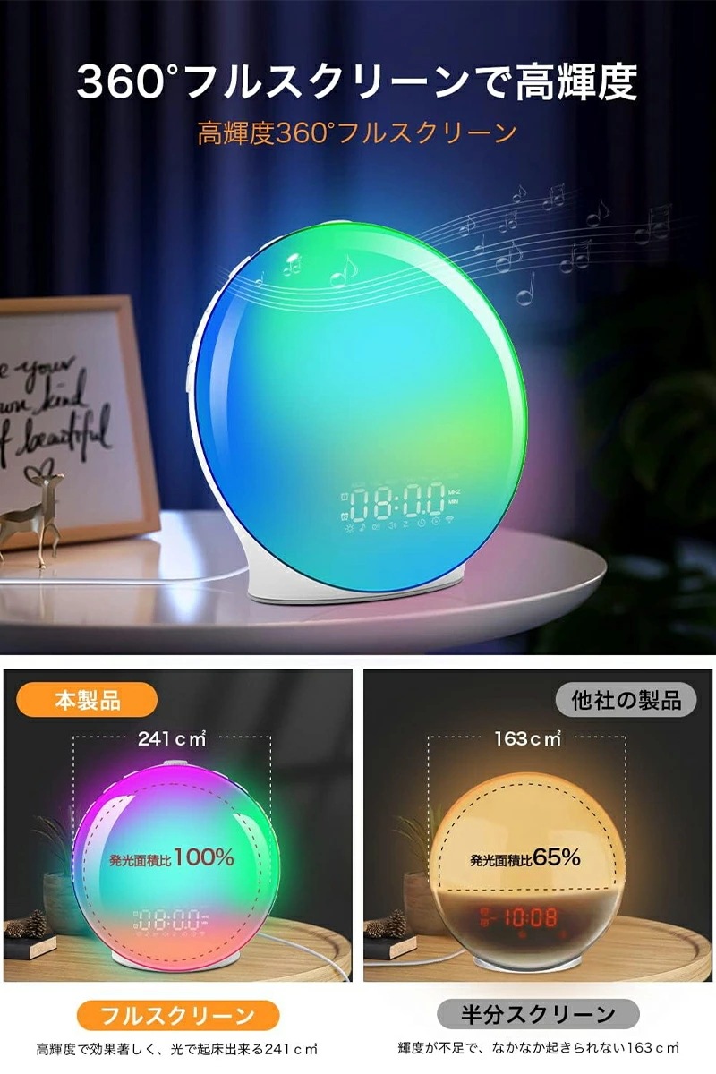 【即納】光 目覚まし時計 目覚ましライト 【パネルフルスクリーン 日出＆日没再現】 めざまし時計 太陽光 光で起きる 置き時計RGB虹色ライト 休日＆平日アラーム設定 8種類自然音 スヌーズ&ラジオ機