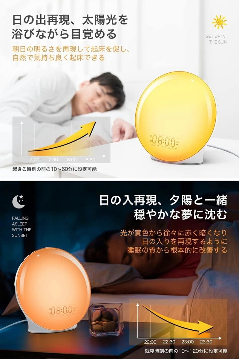 【即納】光 目覚まし時計 目覚ましライト 【パネルフルスクリーン 日出＆日没再現】 めざまし時計 太陽光 光で起きる 置き時計RGB虹色ライト 休日＆平日アラーム設定 8種類自然音 スヌーズ&ラジオ機