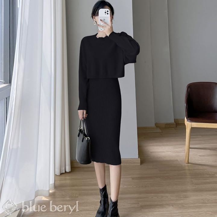 ワンピース プリーツ タイト ドルマンスリーブ ミモレ丈 春SALE ニットワンピース ボートネック ロング丈 長袖