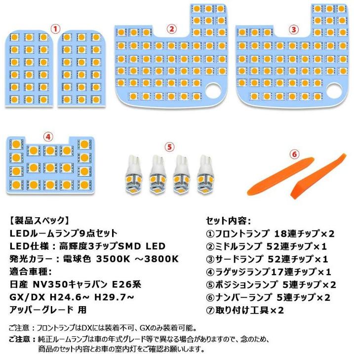 NV350 キャラバン LED ルームランプ ニッサン E26系 GX DX 車種別専用設計 電球色 3500K E26 室内灯 爆光 全9点 1年保証　opp-room-e26-3500k