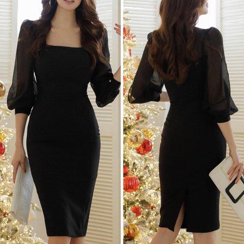 キャバドレス ナイトドレス ミディアムドレス ワンピース 長袖 スクエアネック パール風ボタン 透け感 レディース グラシア キャバドレス ナイトドレス ミディアムドレス ワンピース 長袖 スクエアネック パール風ボタン 透け感 レディース グラシア