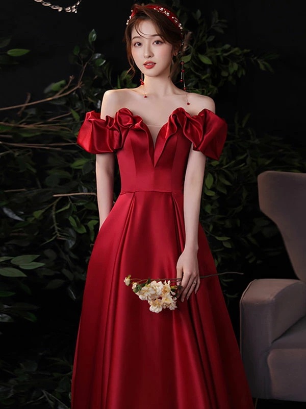 カラードレス ウェディングドレス ウエディングドレス イブニングドレス Aラインドレス 赤 ワインレッド オフショルダー 編み上げ 発表会 演奏会 結婚式 二次会パーティードレス ロングドレス カクテ