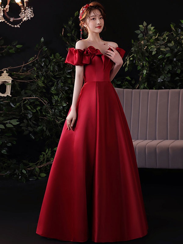 カラードレス ウェディングドレス ウエディングドレス イブニングドレス Aラインドレス 赤 ワインレッド オフショルダー 編み上げ 発表会 演奏会 結婚式 二次会パーティードレス ロングドレス カクテ