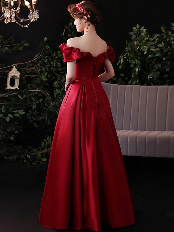 カラードレス ウェディングドレス ウエディングドレス イブニングドレス Aラインドレス 赤 ワインレッド オフショルダー 編み上げ 発表会 演奏会 結婚式 二次会パーティードレス ロングドレス カクテ