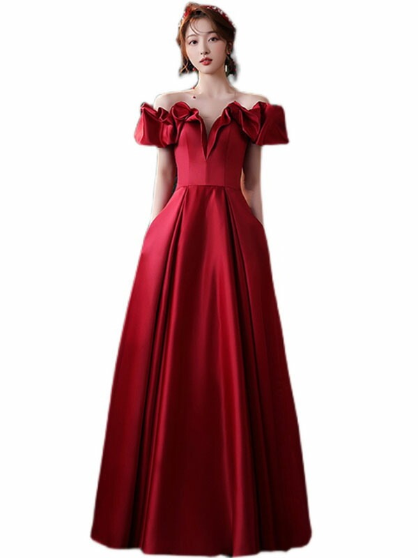 カラードレス ウェディングドレス ウエディングドレス イブニングドレス Aラインドレス 赤 ワインレッド オフショルダー 編み上げ 発表会 演奏会 結婚式 二次会パーティードレス ロングドレス カクテ