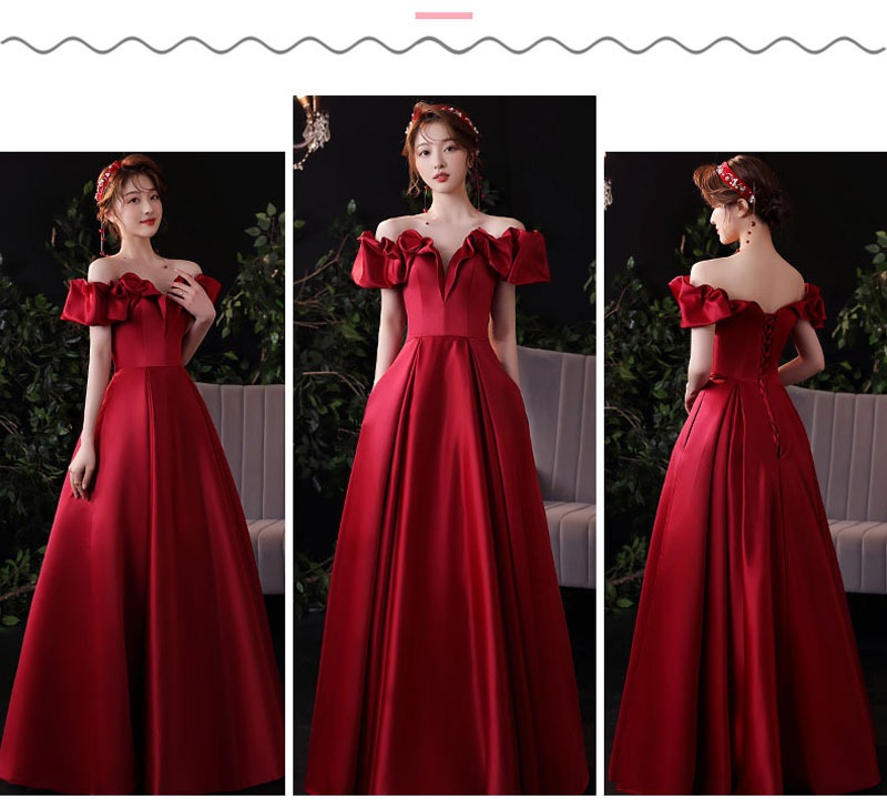 カラードレス ウェディングドレス ウエディングドレス イブニングドレス Aラインドレス 赤 ワインレッド オフショルダー 編み上げ 発表会 演奏会 結婚式 二次会パーティードレス ロングドレス カクテ