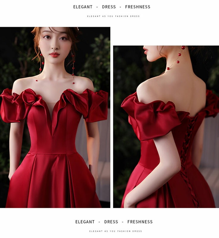 カラードレス ウェディングドレス ウエディングドレス イブニングドレス Aラインドレス 赤 ワインレッド オフショルダー 編み上げ 発表会 演奏会 結婚式 二次会パーティードレス ロングドレス カクテ