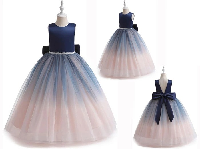 【急速出荷!】ピアノ発表会 ドレス 中学生 女の子 キッズドレス 子供服 ロング丈 ガール 子供ドレス ノースリーブ リボン 演奏会 紺 白 ピンクフラワーガール ベールガール リングガール プリンセ