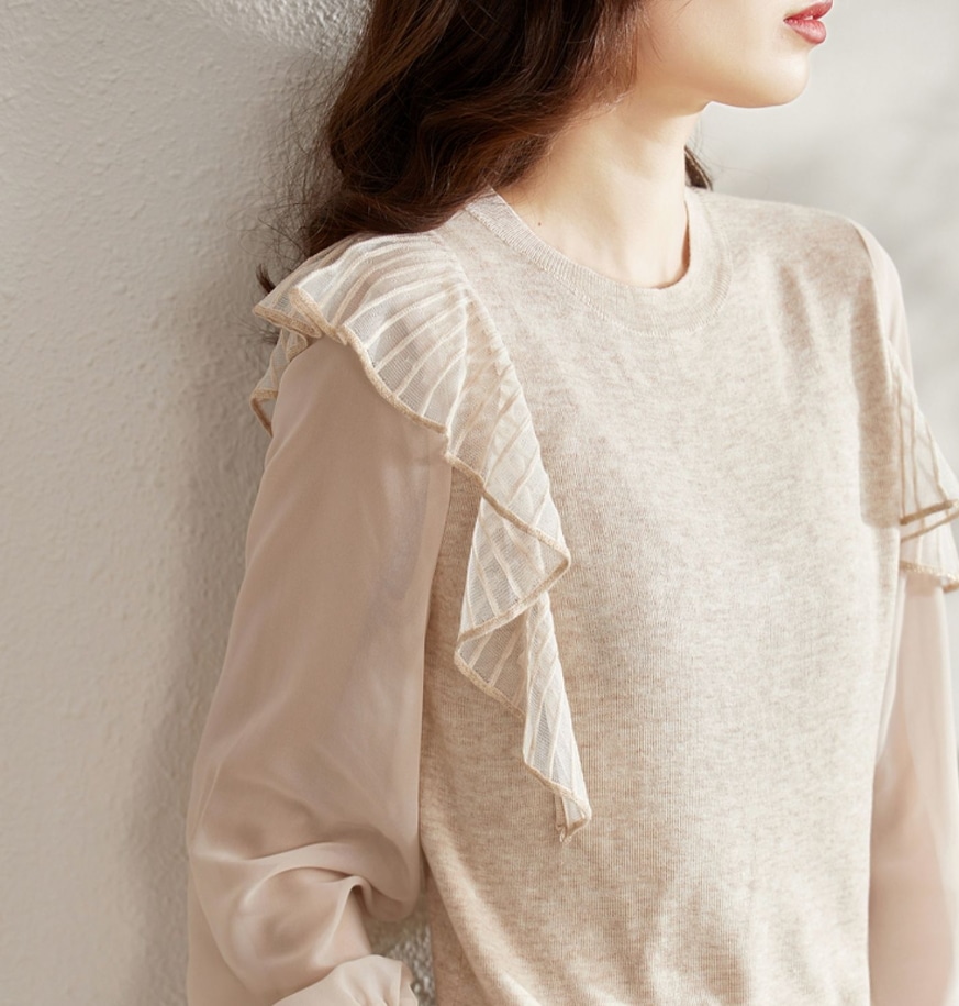 デート レース モテアイテム ニットソー 長袖 チュール シフォン フリル 透け感 シースルー 可愛い きれいめ 上品 おしゃれ かっこいい 可愛い ラブリー キュート ガーリー クール