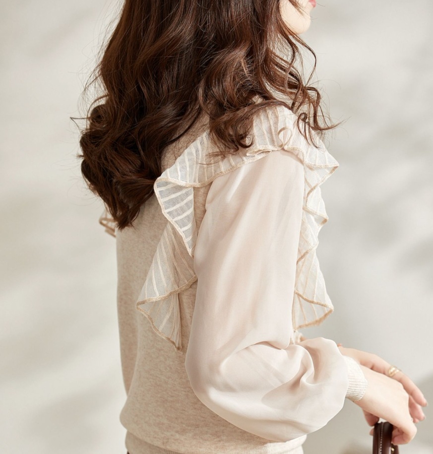 デート レース モテアイテム ニットソー 長袖 チュール シフォン フリル 透け感 シースルー 可愛い きれいめ 上品 おしゃれ かっこいい 可愛い ラブリー キュート ガーリー クール