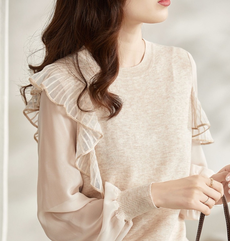 デート レース モテアイテム ニットソー 長袖 チュール シフォン フリル 透け感 シースルー 可愛い きれいめ 上品 おしゃれ かっこいい 可愛い ラブリー キュート ガーリー クール