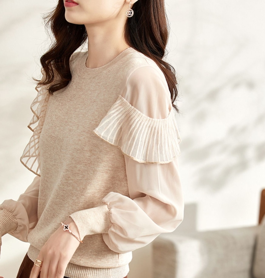 デート レース モテアイテム ニットソー 長袖 チュール シフォン フリル 透け感 シースルー 可愛い きれいめ 上品 おしゃれ かっこいい 可愛い ラブリー キュート ガーリー クール
