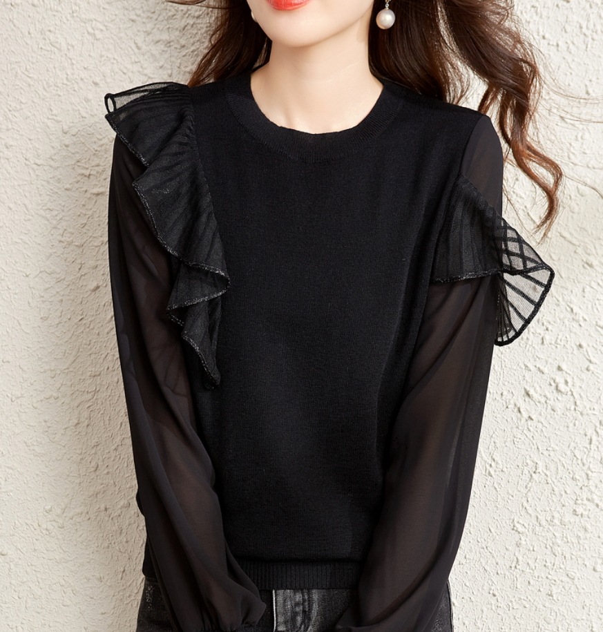 デート レース モテアイテム ニットソー 長袖 チュール シフォン フリル 透け感 シースルー 可愛い きれいめ 上品 おしゃれ かっこいい 可愛い ラブリー キュート ガーリー クール