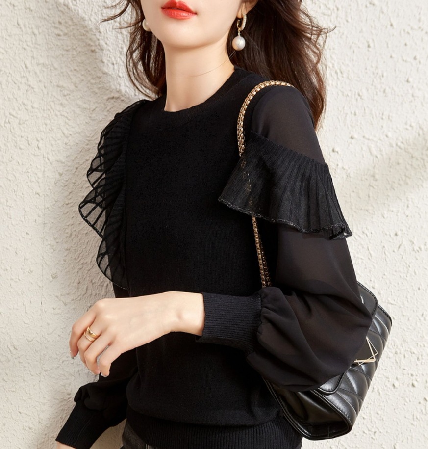 デート レース モテアイテム ニットソー 長袖 チュール シフォン フリル 透け感 シースルー 可愛い きれいめ 上品 おしゃれ かっこいい 可愛い ラブリー キュート ガーリー クール