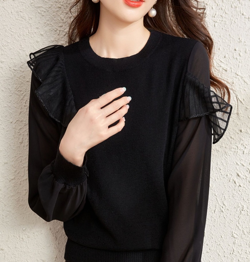 デート レース モテアイテム ニットソー 長袖 チュール シフォン フリル 透け感 シースルー 可愛い きれいめ 上品 おしゃれ かっこいい 可愛い ラブリー キュート ガーリー クール