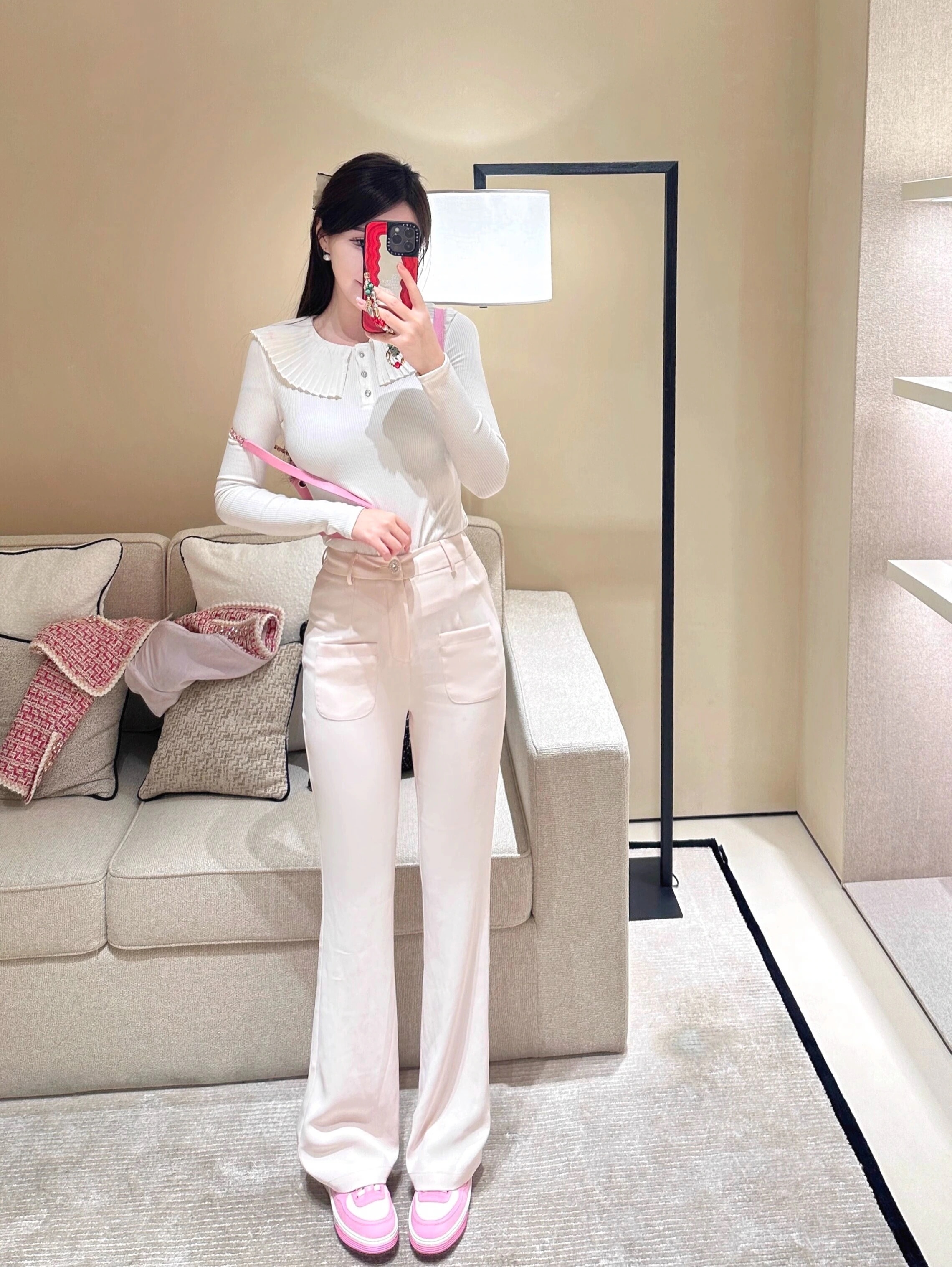 【送料無料】ゴルフウェア 2025 春夏秋 上下セット ニット長袖 Tシャツ ロングパンツ ドット柄スカート 白 ピンク ローズ かわいい 痩せる 韓国風 レディース ゴルフスカート スポーツウェア