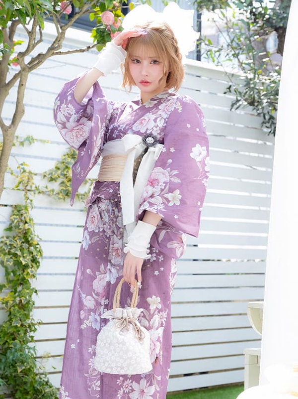紫色花柄 浴衣・帯 薄紫 花柄 浴衣・帯セット Riuコラボ Rちゃん sugar 紫色花柄 浴衣・帯 薄紫 花柄 浴衣・帯セット Riuコラボ Rちゃん sugar