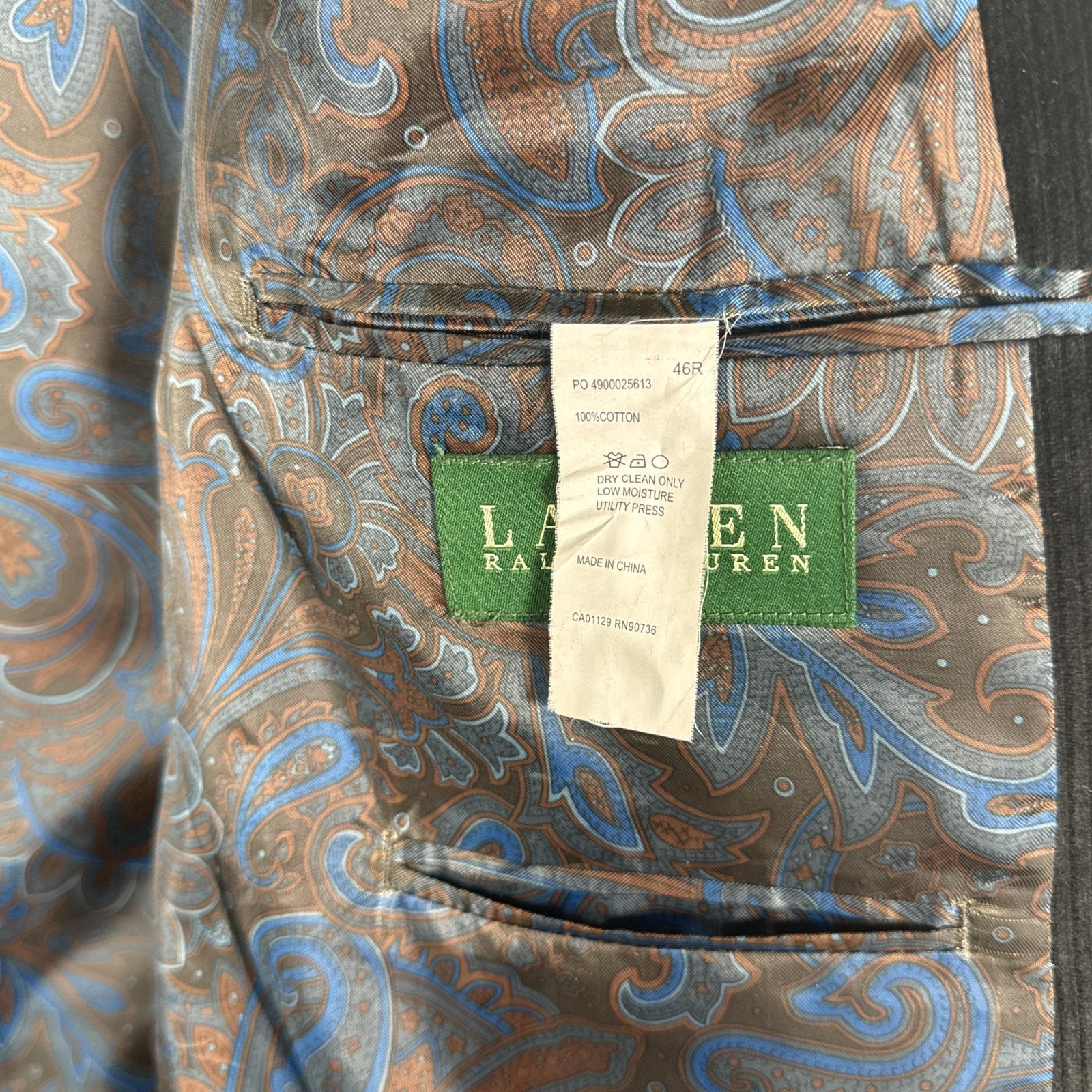 古着 コーデュロイ テーラードジャケット 太畝 ブレザー エルボーパッチ 中地ペイズリー柄 46R ブラック メンズ